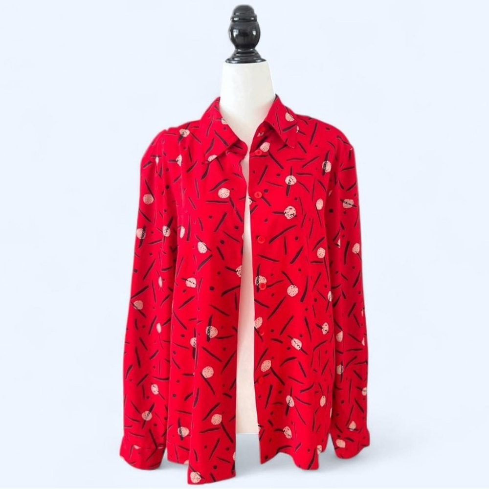 Vintage Liz  Baker Red and Black Polka Dot Button Up Blouse Retro Eclectic 14